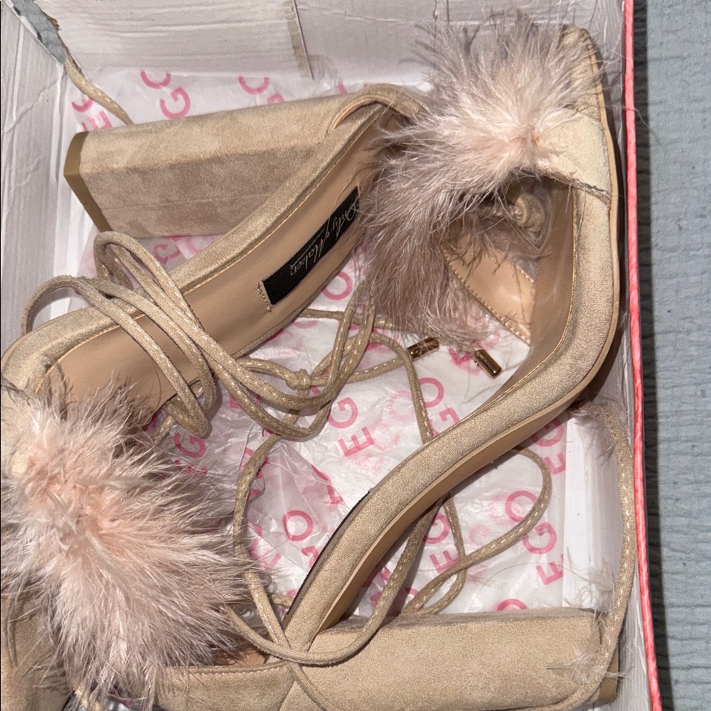 EGO Beige Heels with Feather Accent - Picture 3 of 3